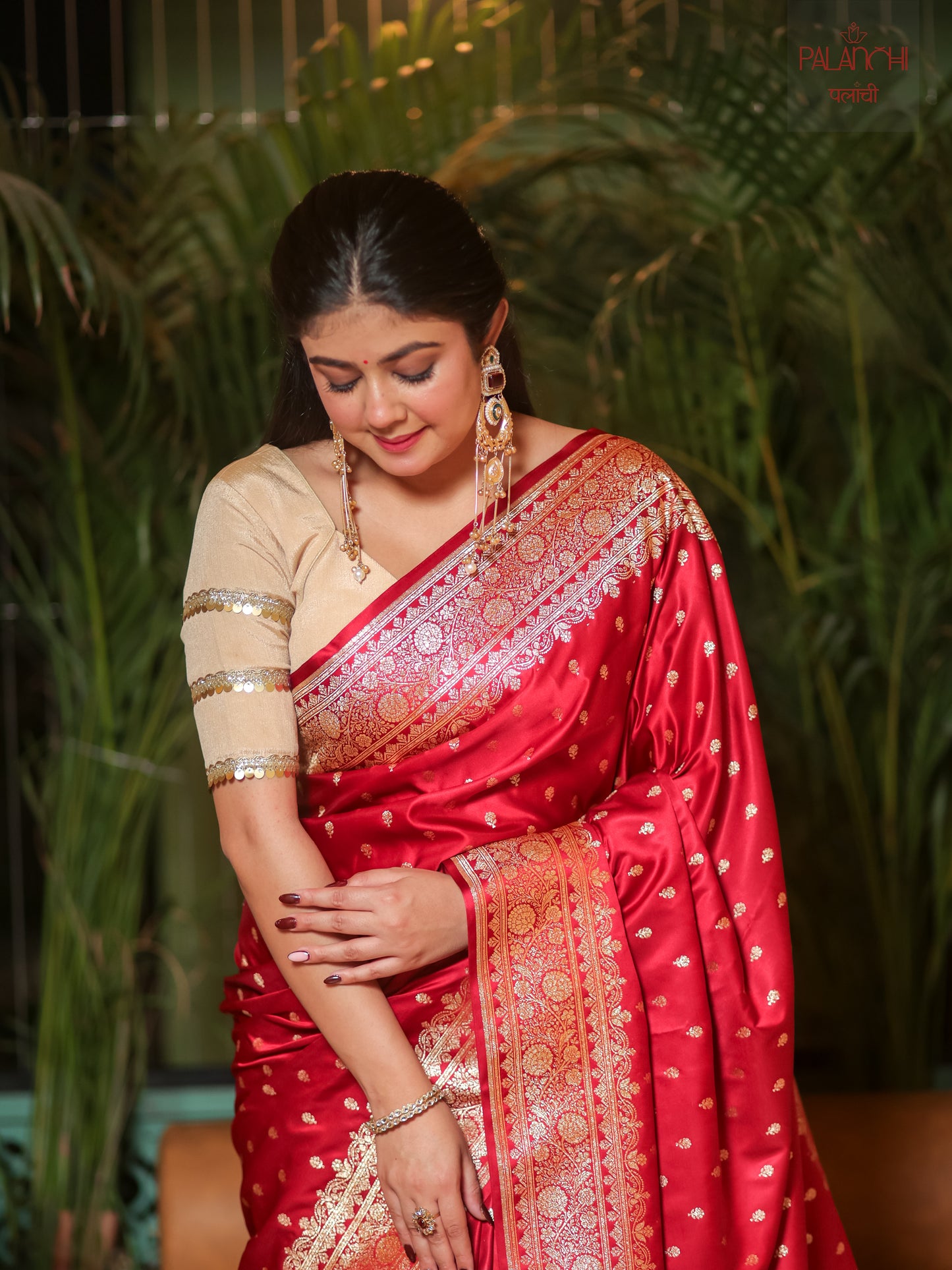 Ruby Red Zari Buti Banarasi Handloom Katan Silk Saree