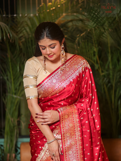 Ruby Red Zari Buti Banarasi Handloom Katan Silk Saree