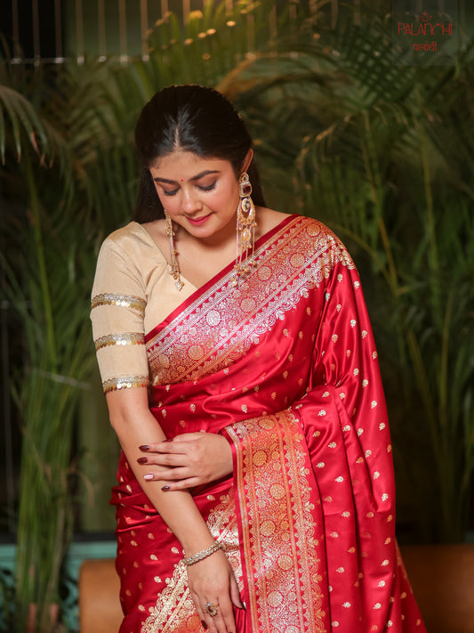 Ruby Red Zari Buti Banarasi Handloom Katan Silk Saree