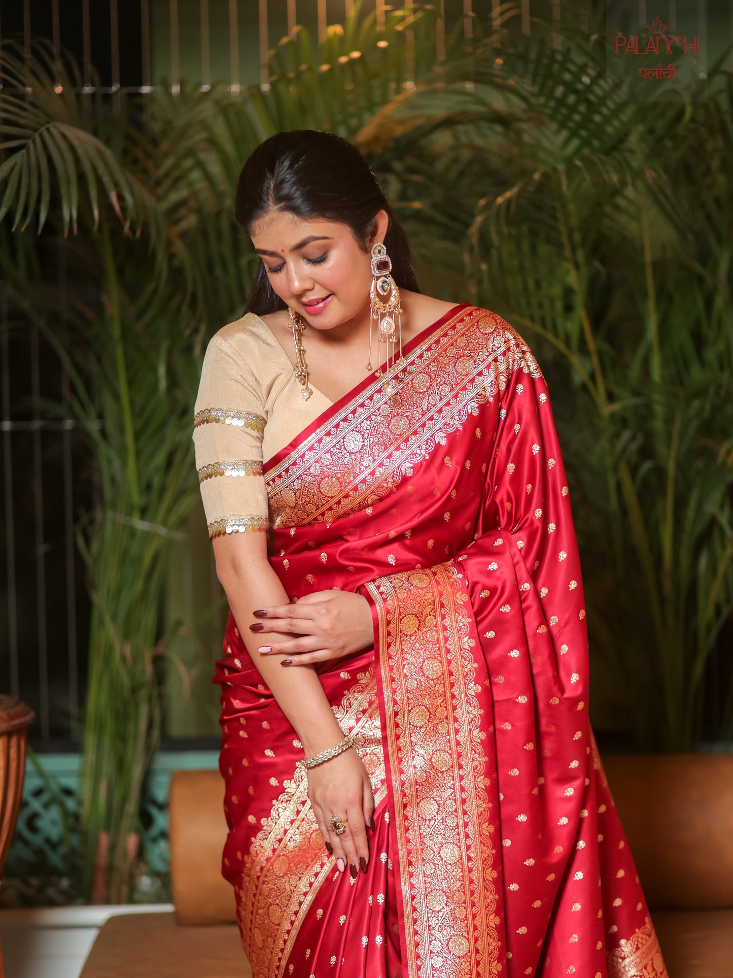Ruby Red Zari Buti Banarasi Handloom Katan Silk Saree