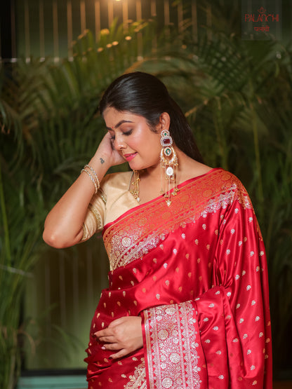 Ruby Red Zari Buti Banarasi Handloom Katan Silk Saree