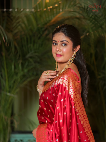 Ruby Red Zari Buti Banarasi Handloom Katan Silk Saree