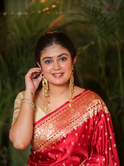 Ruby Red Zari Buti Banarasi Handloom Katan Silk Saree