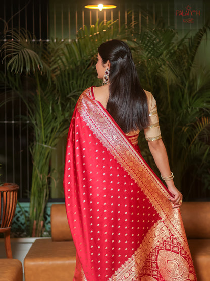 Ruby Red Zari Buti Banarasi Handloom Katan Silk Saree
