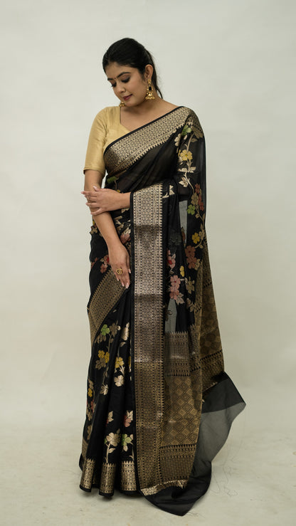Semi Georgette Floral Zari Saree