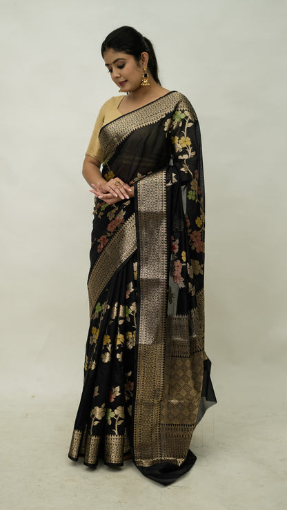 Semi Georgette Floral Zari Saree