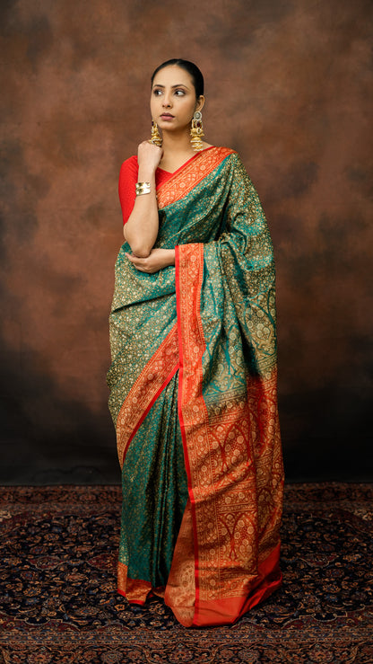 Satin Silk Tanchoi Dohri Buti Saree (Pure Resham)