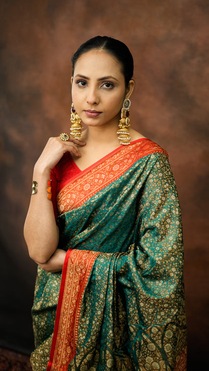 Satin Silk Tanchoi Dohri Buti Saree (Pure Resham)