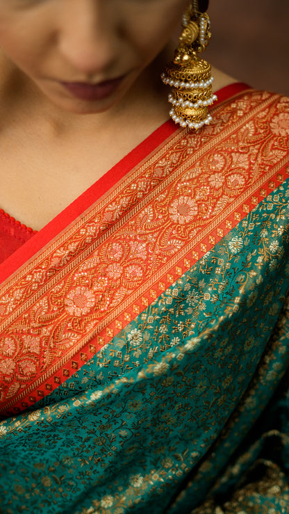 Satin Silk Tanchoi Dohri Buti Saree (Pure Resham)