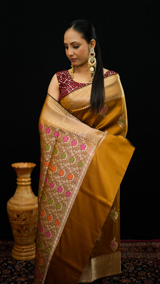 Art Katan Silk Saree with Large Buta & Meena Work